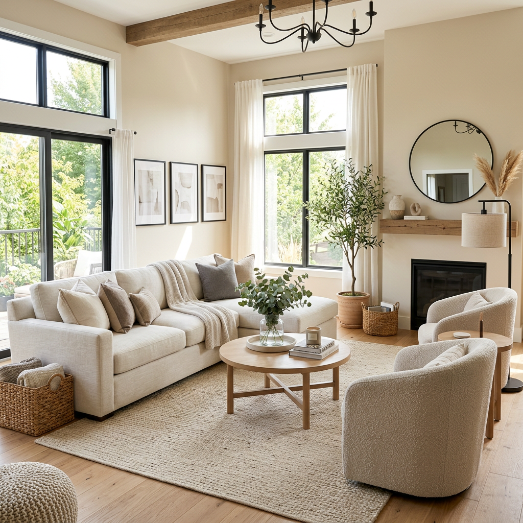 Modern living room with beige sofa, two armchairs, round wooden coffee table, large windows, and indoor plants