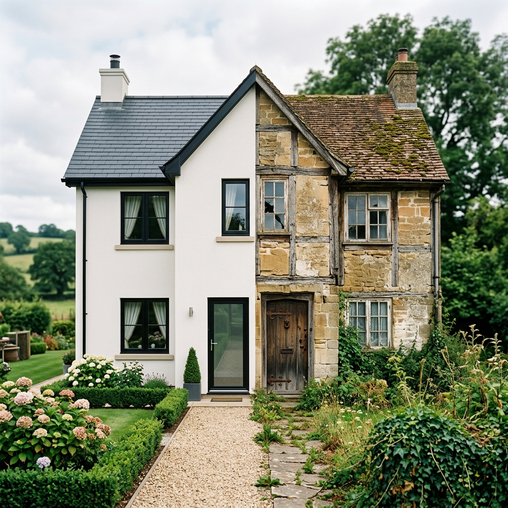 House split into modern white facade with black windows and old stone facade with mossy roof