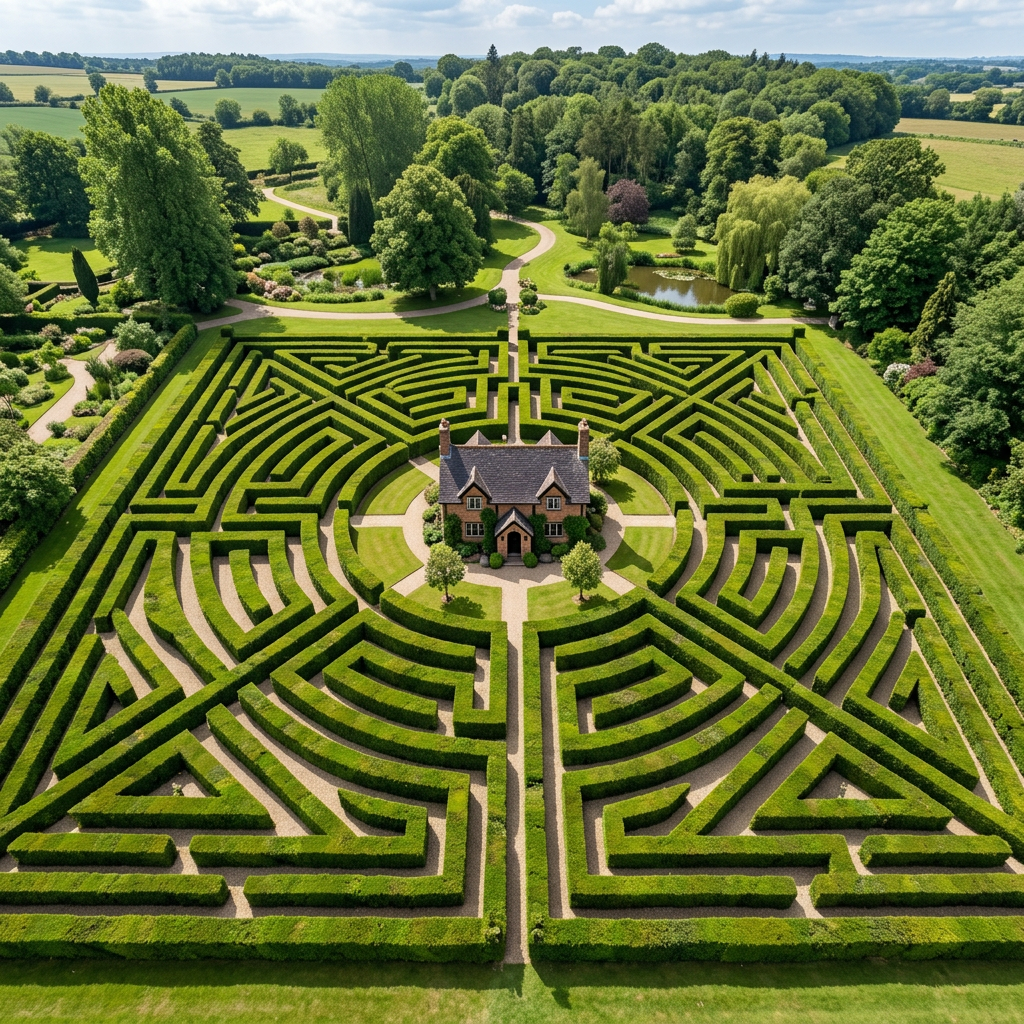 Large green hedge maze with pathways leading to a central brick cottage surrounded by trees