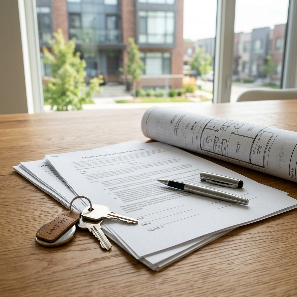 Condominium purchase documents, building plans, pen, and keys on a table